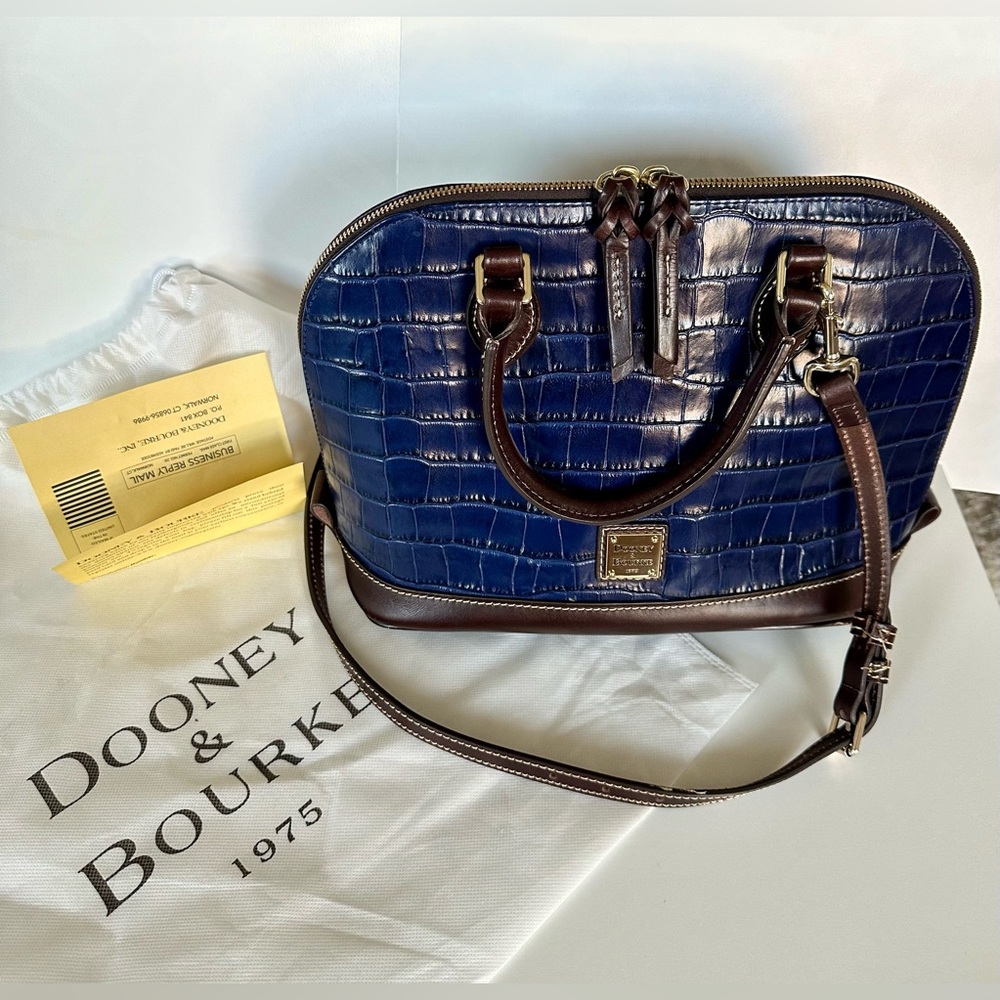 DOONEY & BOURKE Navy Blue Croc Embossed & Brown Leather Handles Dome Hand Bag
